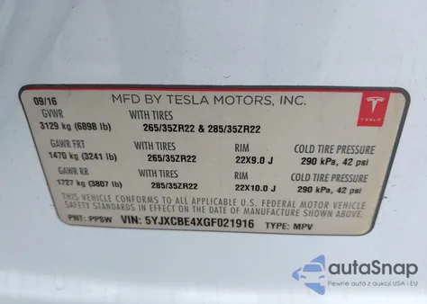 2016 Tesla Model X 75D/P100D/P90D from USA, damaged, VIN 5YJXCBE4XGF021916